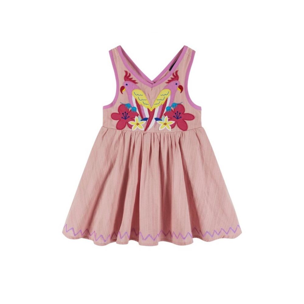 Andy and Evan Parrot Appliqué Pink Textured Crossback Summer Dress Size 4T